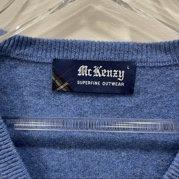 McKenzy Superfine Outwear Vintage Lambswool V-Neck Sweater Blue Long Sleeve L